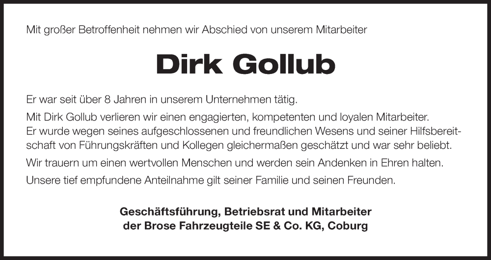  Traueranzeige für Dirk Gollub vom 31.07.2025 aus MGO