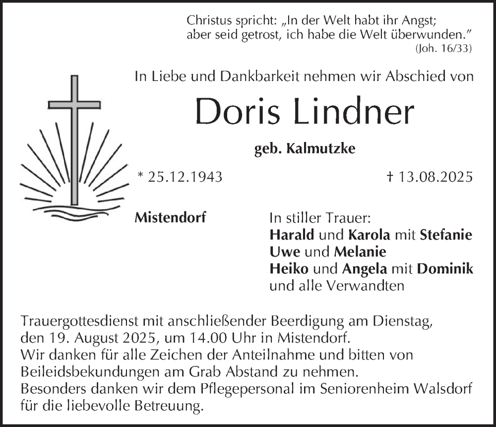  Traueranzeige für Doris Lindner vom 16.08.2025 aus MGO
