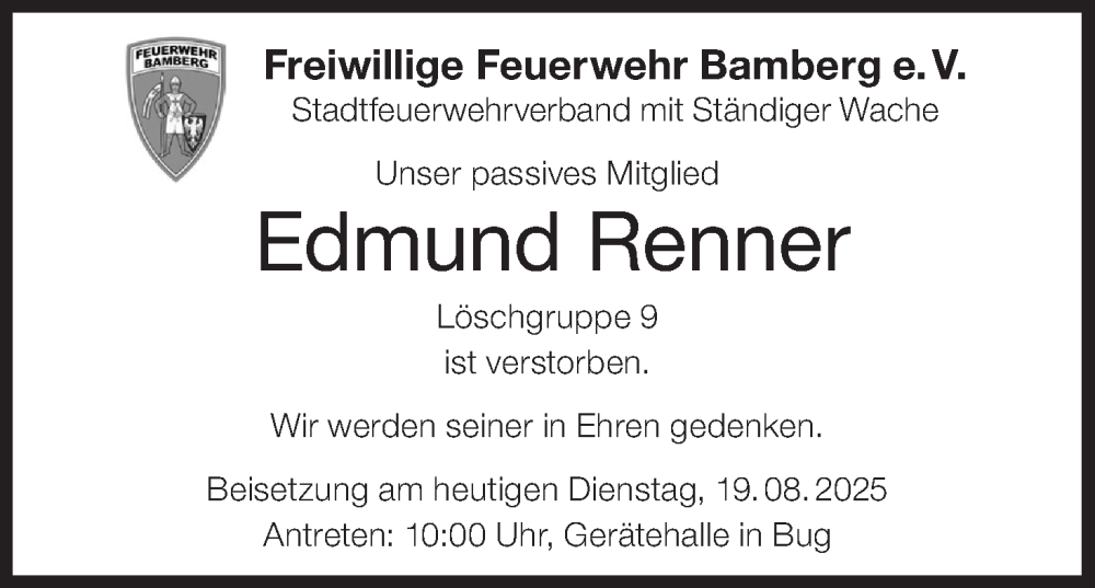  Traueranzeige für Edmund Renner vom 19.08.2025 aus MGO