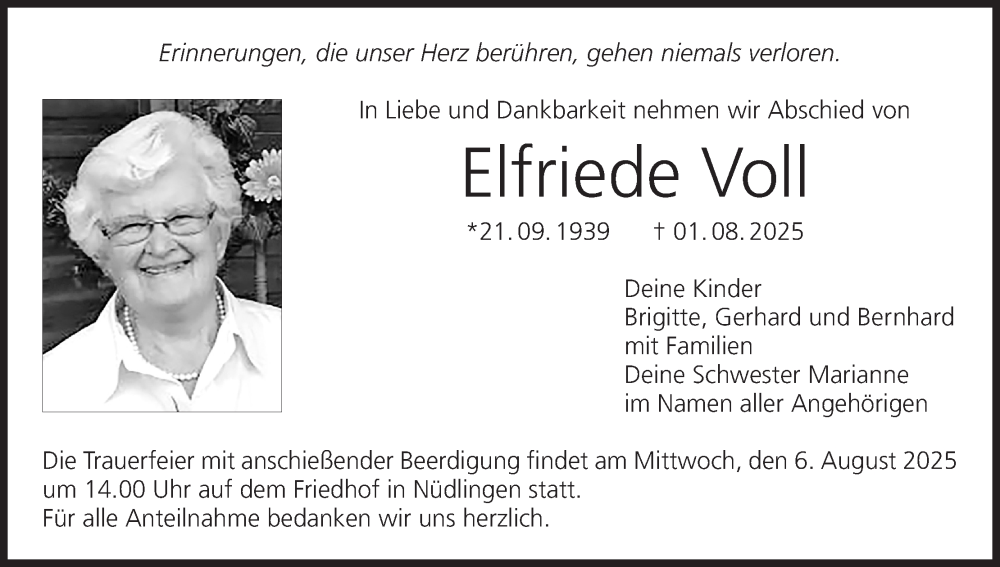  Traueranzeige für Elfriede Voll vom 05.08.2025 aus MGO