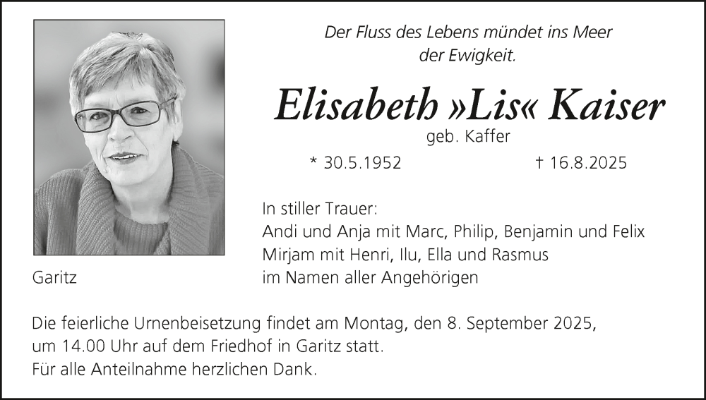  Traueranzeige für Elisabeth Kaiser vom 30.08.2025 aus MGO