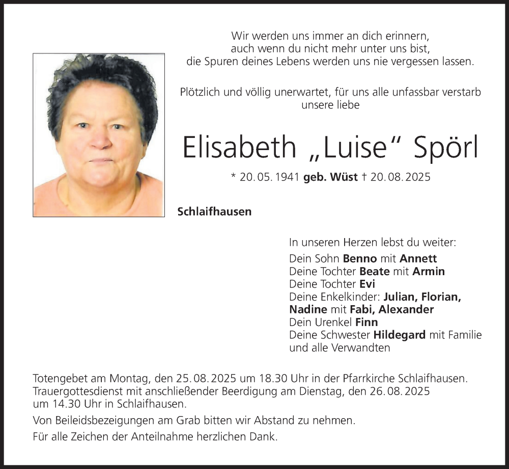  Traueranzeige für Elisabeth Spörl vom 23.08.2025 aus MGO