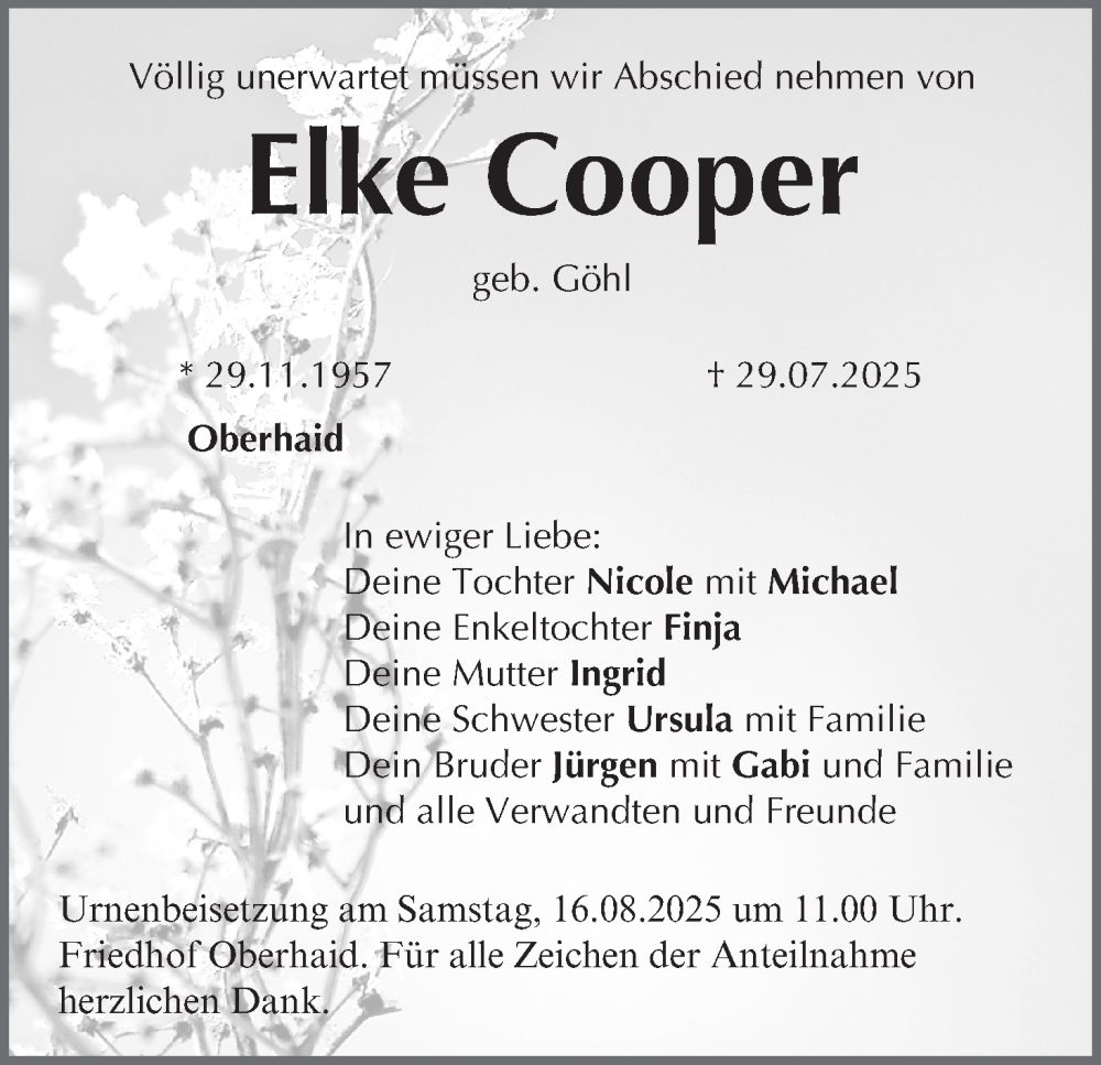  Traueranzeige für Elke Cooper vom 09.08.2025 aus MGO