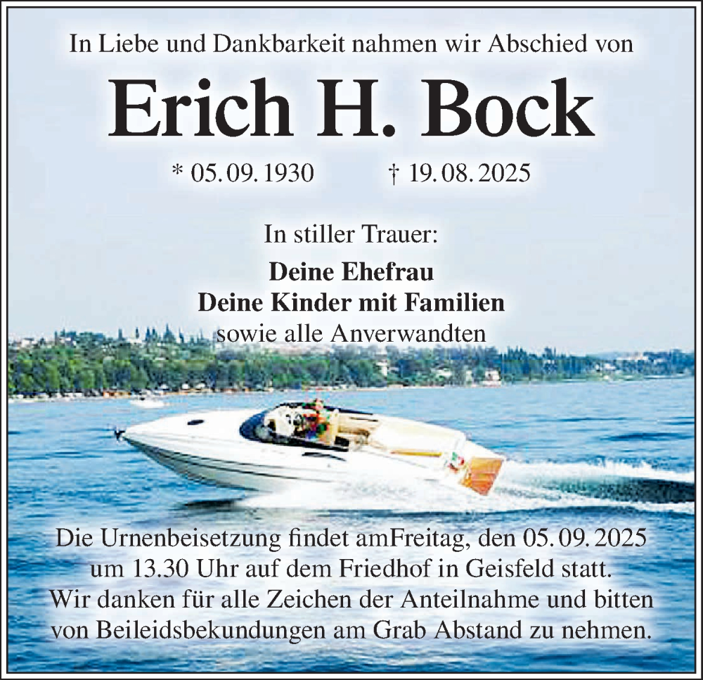  Traueranzeige für Erich H. Bock vom 30.08.2025 aus MGO