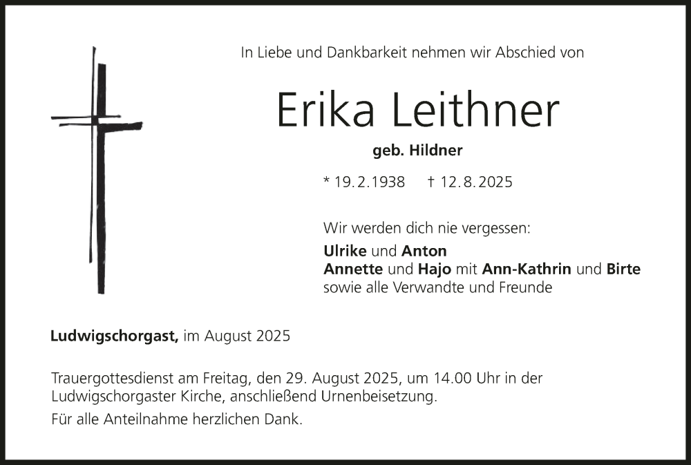  Traueranzeige für Erika Leithner vom 23.08.2025 aus MGO