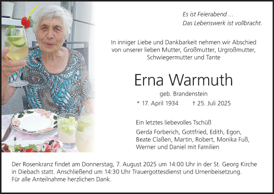 Anzeige von Erna Warmuth von MGO