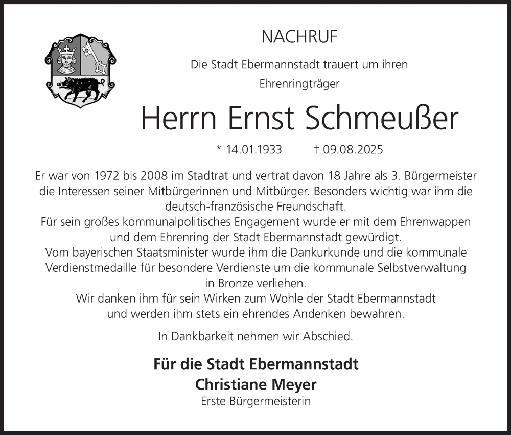  Traueranzeige für Ernst Schmeußer vom 16.08.2025 aus MGO