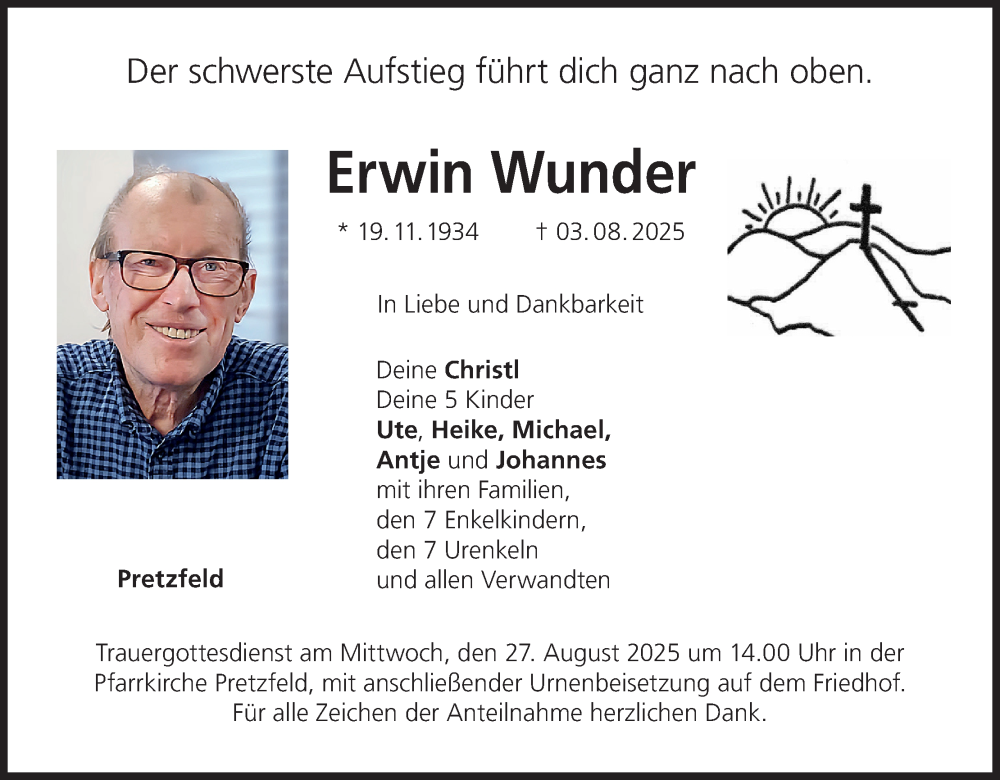  Traueranzeige für Erwin Wunder vom 23.08.2025 aus MGO