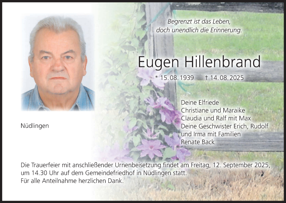  Traueranzeige für Eugen Hillenbrand vom 30.08.2025 aus MGO