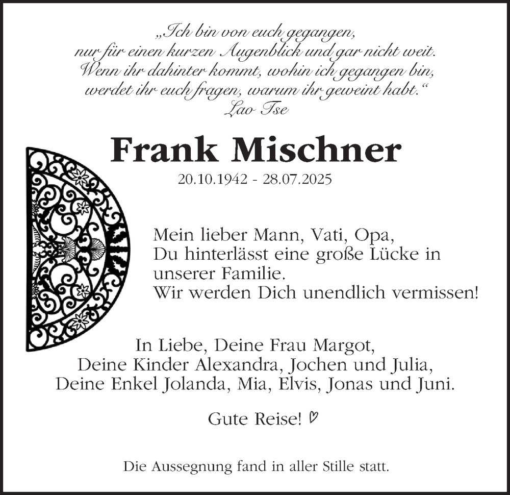  Traueranzeige für Frank Mischner vom 09.08.2025 aus MGO