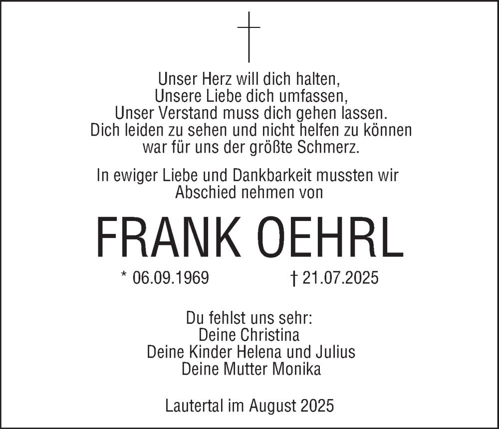  Traueranzeige für Frank Oehrl vom 02.08.2025 aus MGO