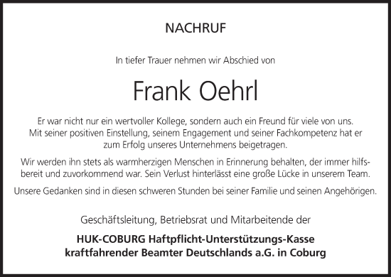Anzeige von Frank Oehrl von MGO