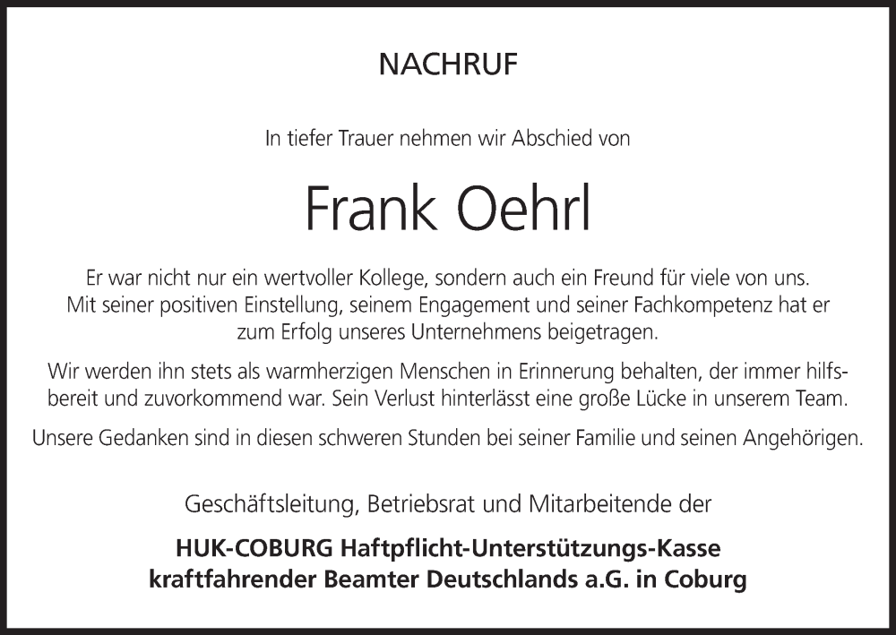  Traueranzeige für Frank Oehrl vom 02.08.2025 aus MGO