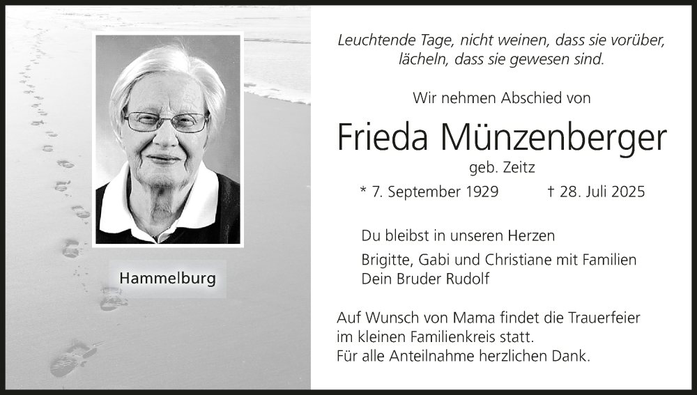  Traueranzeige für Frieda Münzenberger vom 02.08.2025 aus MGO