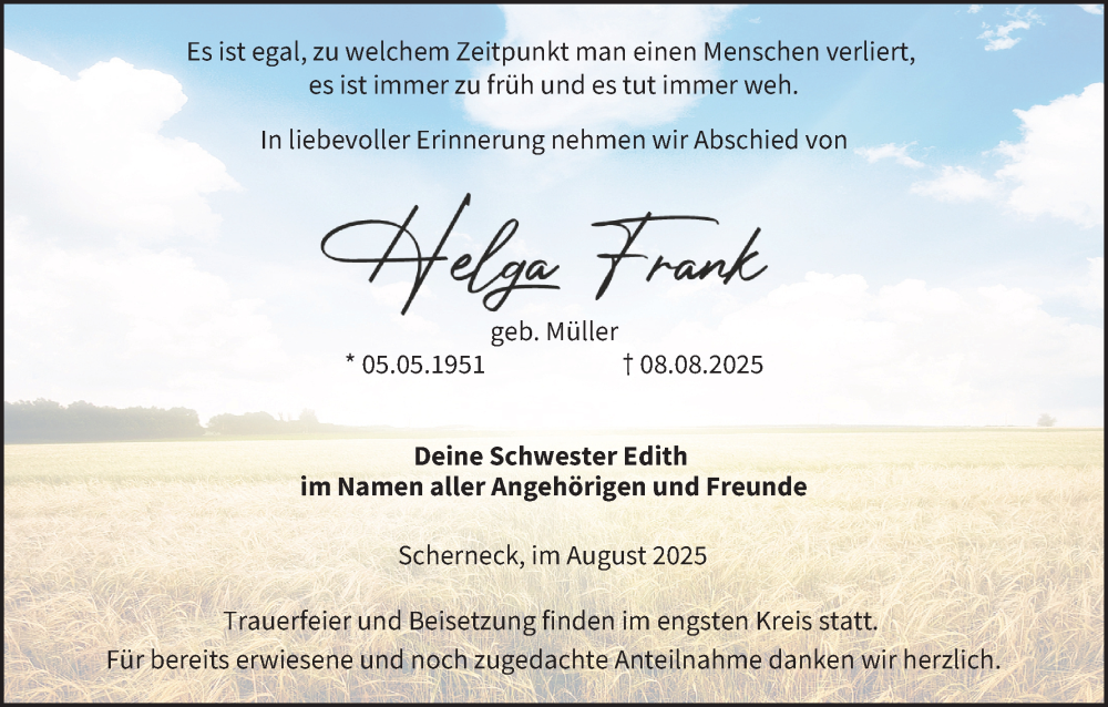  Traueranzeige für Gelga Frank vom 16.08.2025 aus MGO