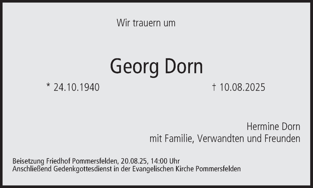  Traueranzeige für Georg Dorn vom 16.08.2025 aus MGO