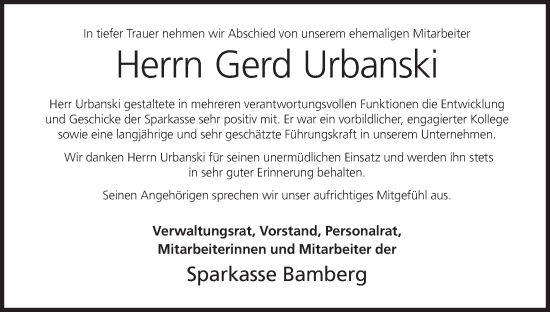 Anzeige von Gerd Urbanski von MGO