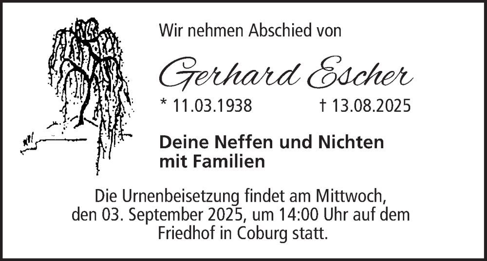  Traueranzeige für Gerhard Escher vom 30.08.2025 aus MGO