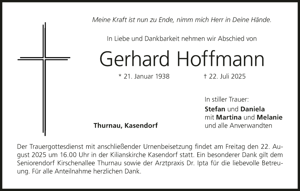  Traueranzeige für Gerhard Hoffmann vom 16.08.2025 aus MGO