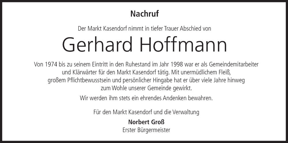  Traueranzeige für Gerhard Hoffmann vom 16.08.2025 aus MGO