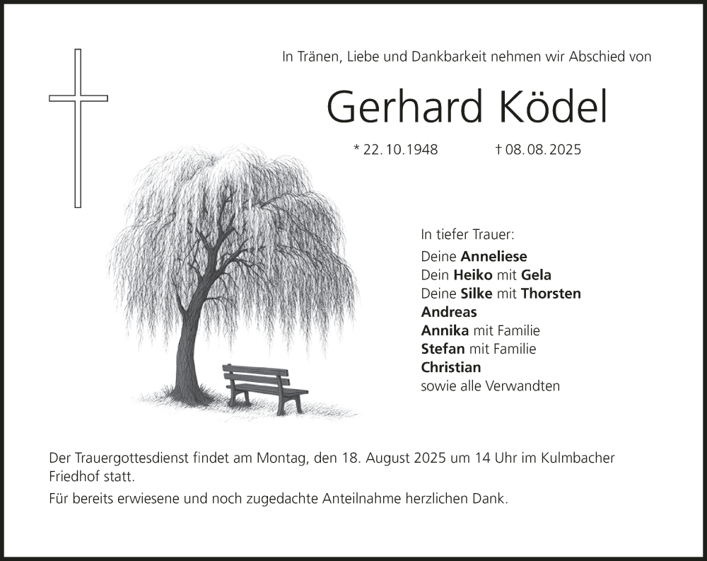  Traueranzeige für Gerhard Ködel vom 14.08.2025 aus MGO