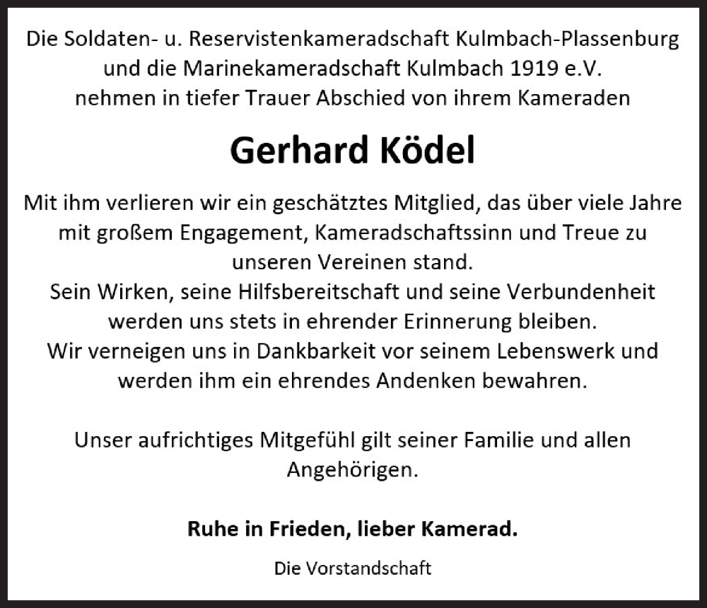  Traueranzeige für Gerhard Ködel vom 16.08.2025 aus MGO