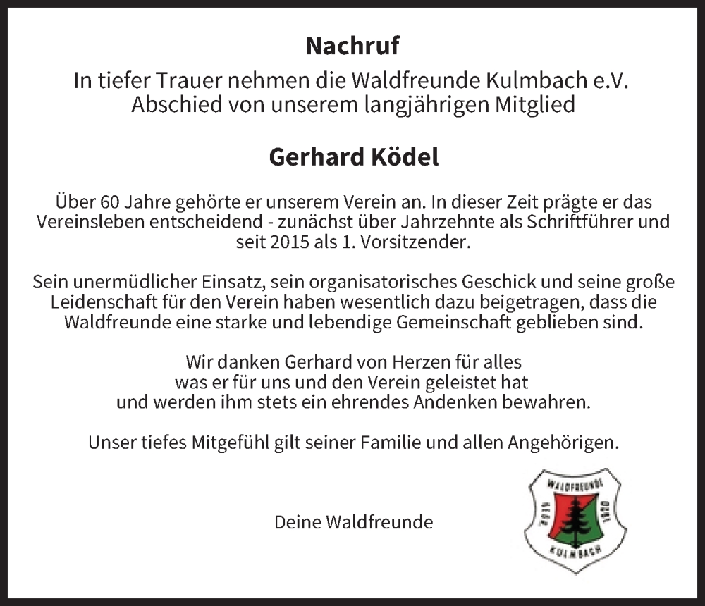  Traueranzeige für Gerhard Ködel vom 19.08.2025 aus MGO