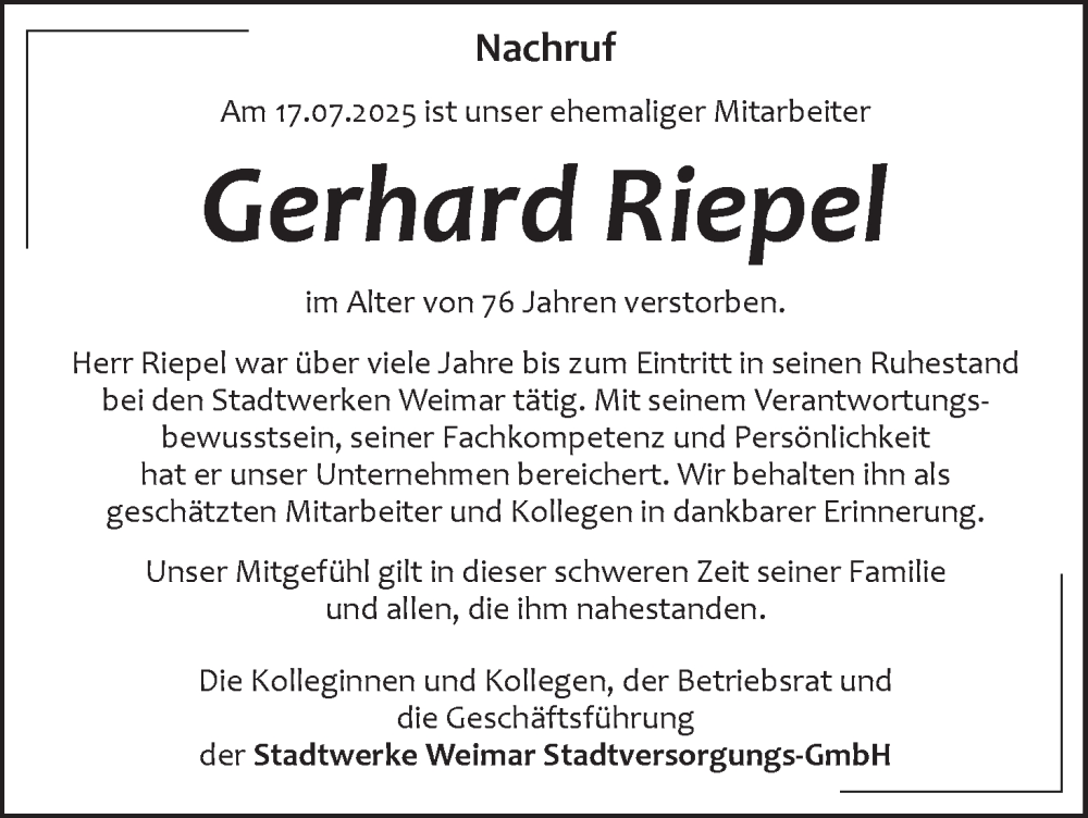  Traueranzeige für Gerhard Riepel vom 01.08.2025 aus MGO