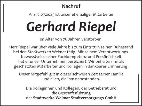 Anzeige von Gerhard Riepel von MGO