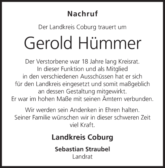 Anzeige von Gerold Hümmer von MGO