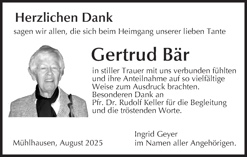  Traueranzeige für Gertrud Bär vom 23.08.2025 aus MGO