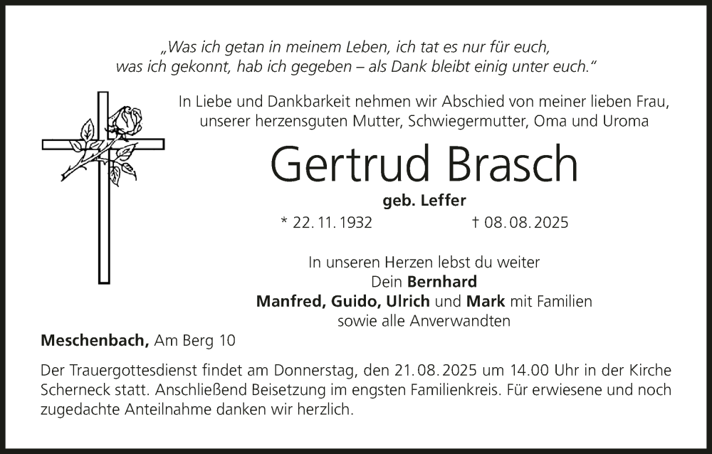  Traueranzeige für Gertrud Brasch vom 16.08.2025 aus MGO