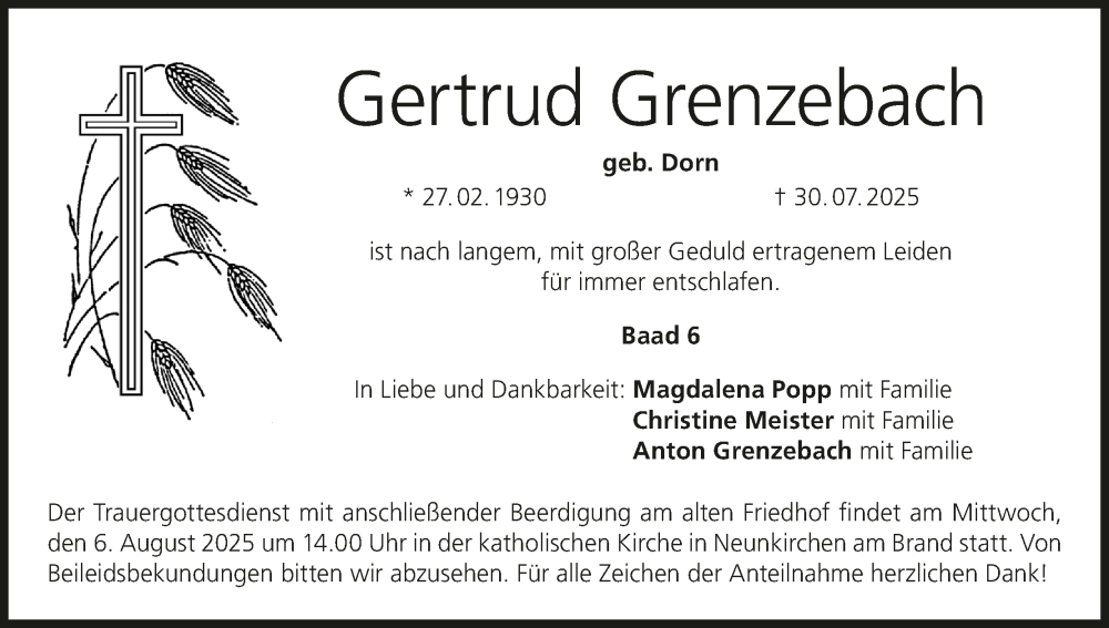  Traueranzeige für Gertrud Grenzebach vom 05.08.2025 aus MGO