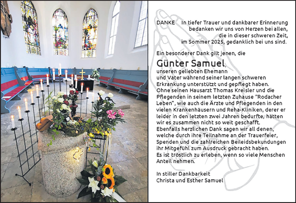  Traueranzeige für Günther Samuel vom 02.08.2025 aus MGO