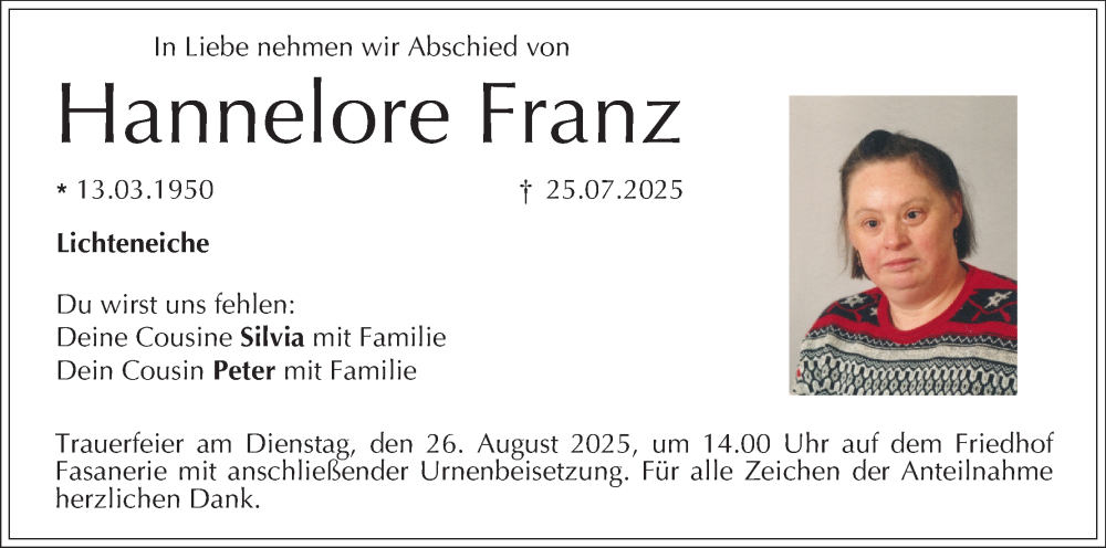  Traueranzeige für Hannelore Franz vom 23.08.2025 aus MGO