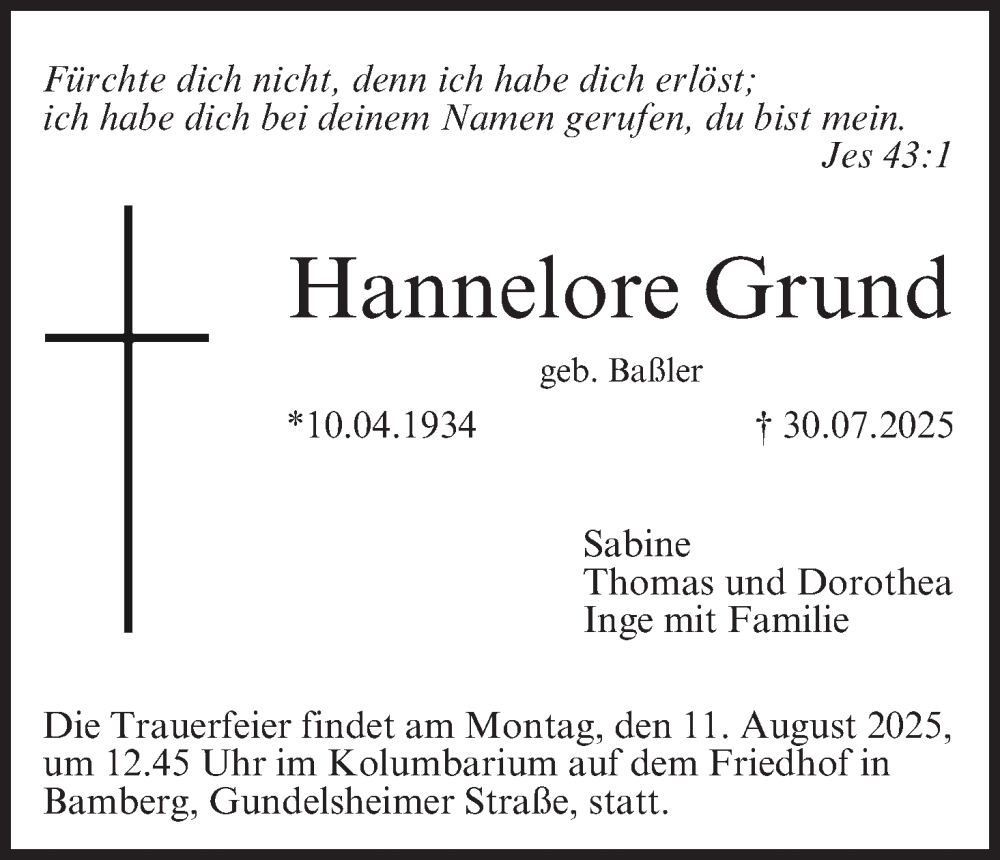  Traueranzeige für Hannelore Grund vom 09.08.2025 aus MGO
