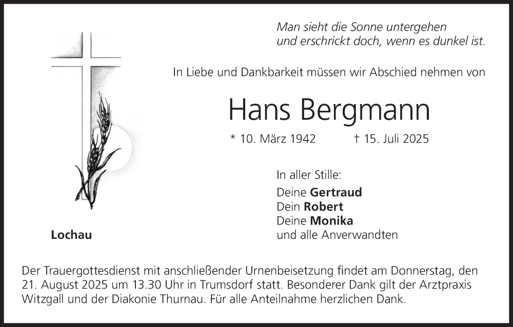  Traueranzeige für Hans Bergmann vom 20.08.2025 aus MGO