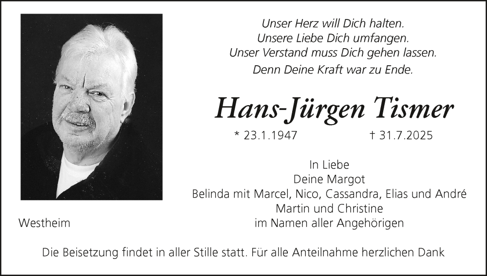 Traueranzeige für Hans-Jürgen Tismer vom 09.08.2025 aus MGO