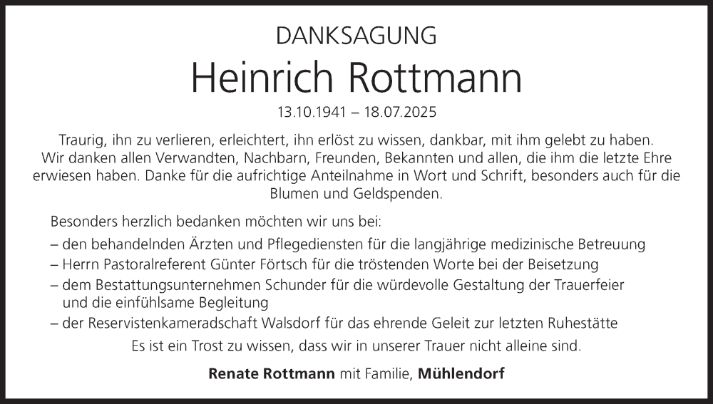  Traueranzeige für Heinrich Rottmann vom 16.08.2025 aus MGO
