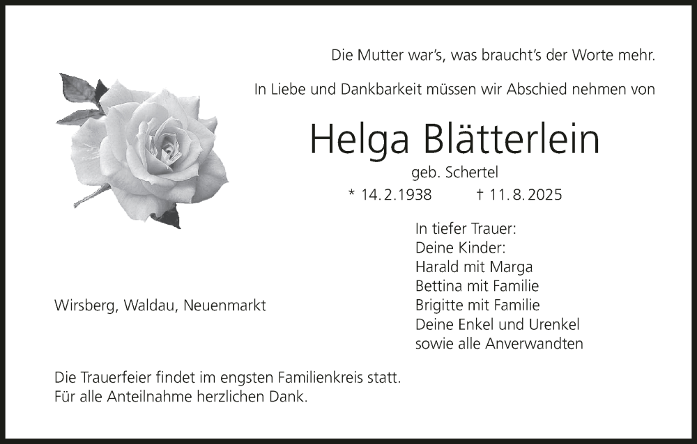  Traueranzeige für Helga Blätterlein vom 30.08.2025 aus MGO