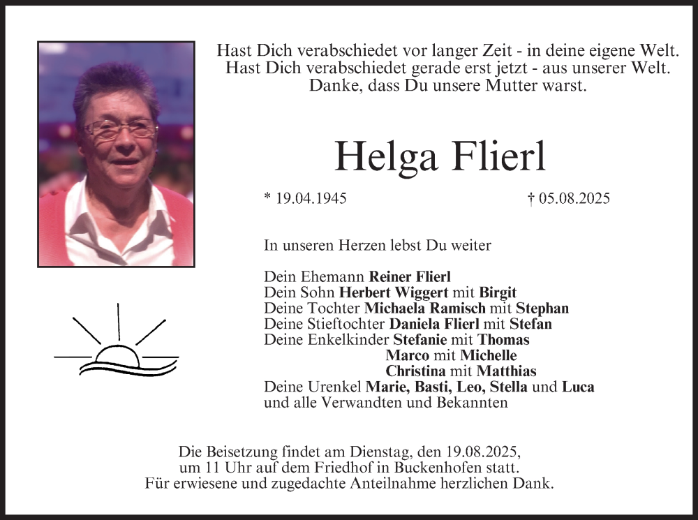 Traueranzeige für Helga Flierl vom 16.08.2025 aus MGO