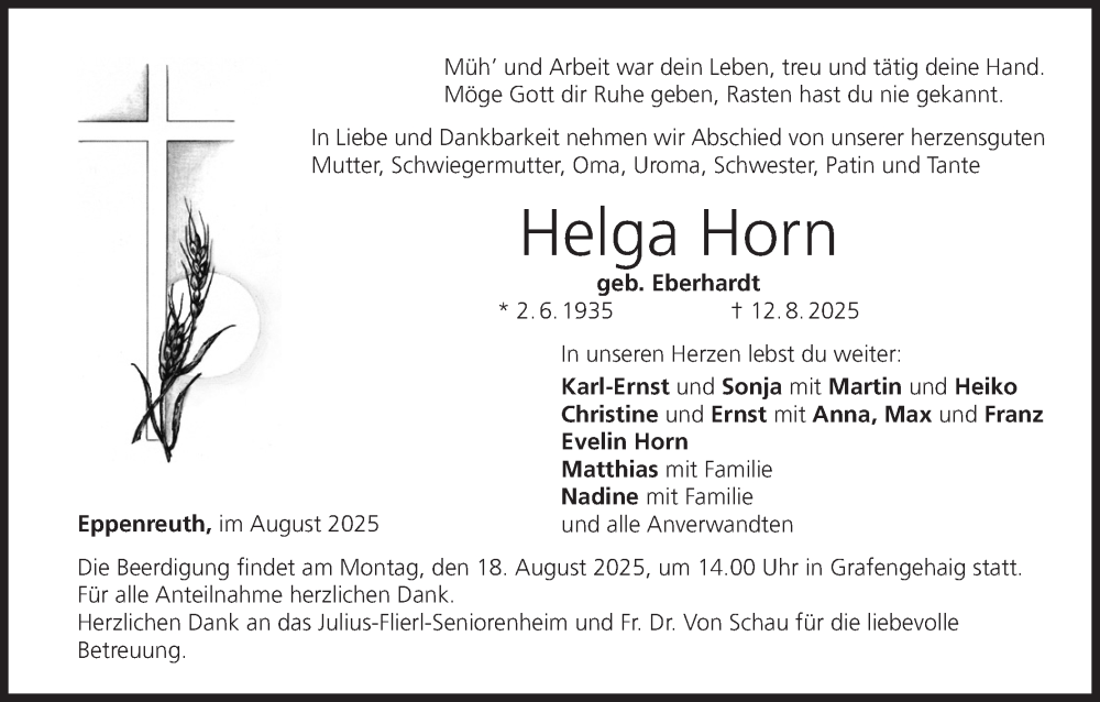  Traueranzeige für Helga Horn vom 16.08.2025 aus MGO