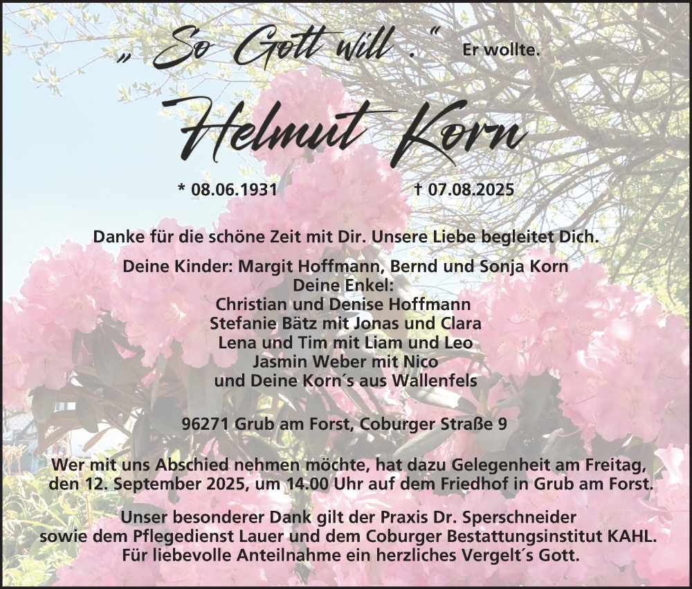  Traueranzeige für Helmut Korn vom 16.08.2025 aus MGO