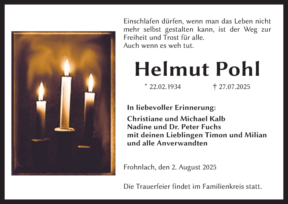  Traueranzeige für Helmut Pohl vom 02.08.2025 aus MGO