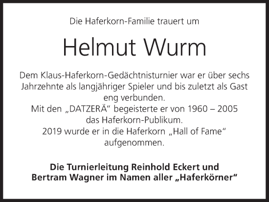 Anzeige von Helmut Wurm von MGO