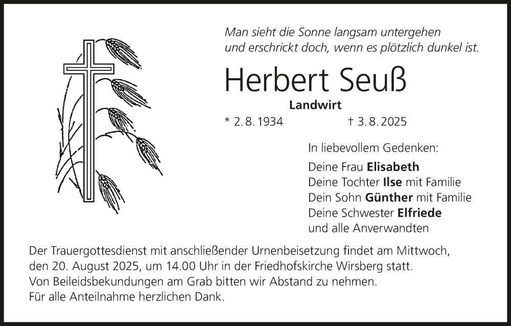  Traueranzeige für Herbert Seuß vom 16.08.2025 aus MGO