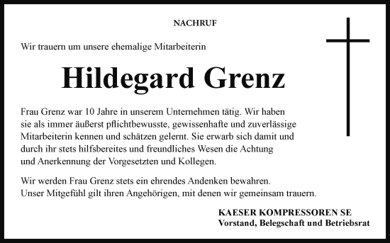 Anzeige von Hildegard Grenz von MGO