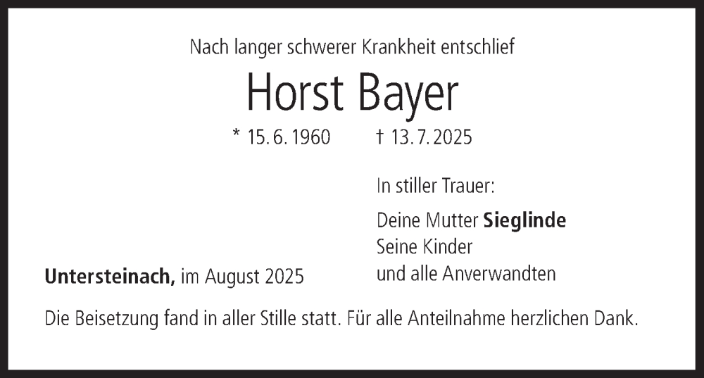  Traueranzeige für Horst Bayer vom 02.08.2025 aus MGO