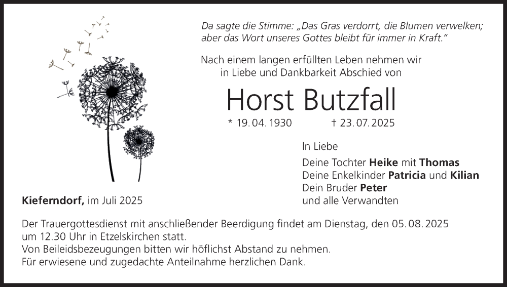 Traueranzeige für Horst Butzfall vom 01.08.2025 aus MGO