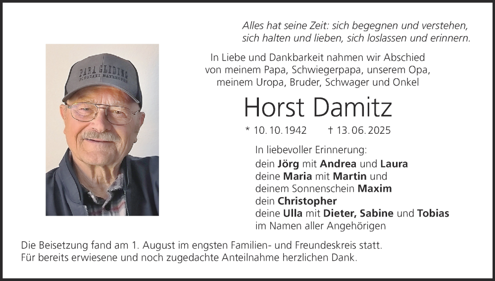  Traueranzeige für Horst Damitz vom 02.08.2025 aus MGO